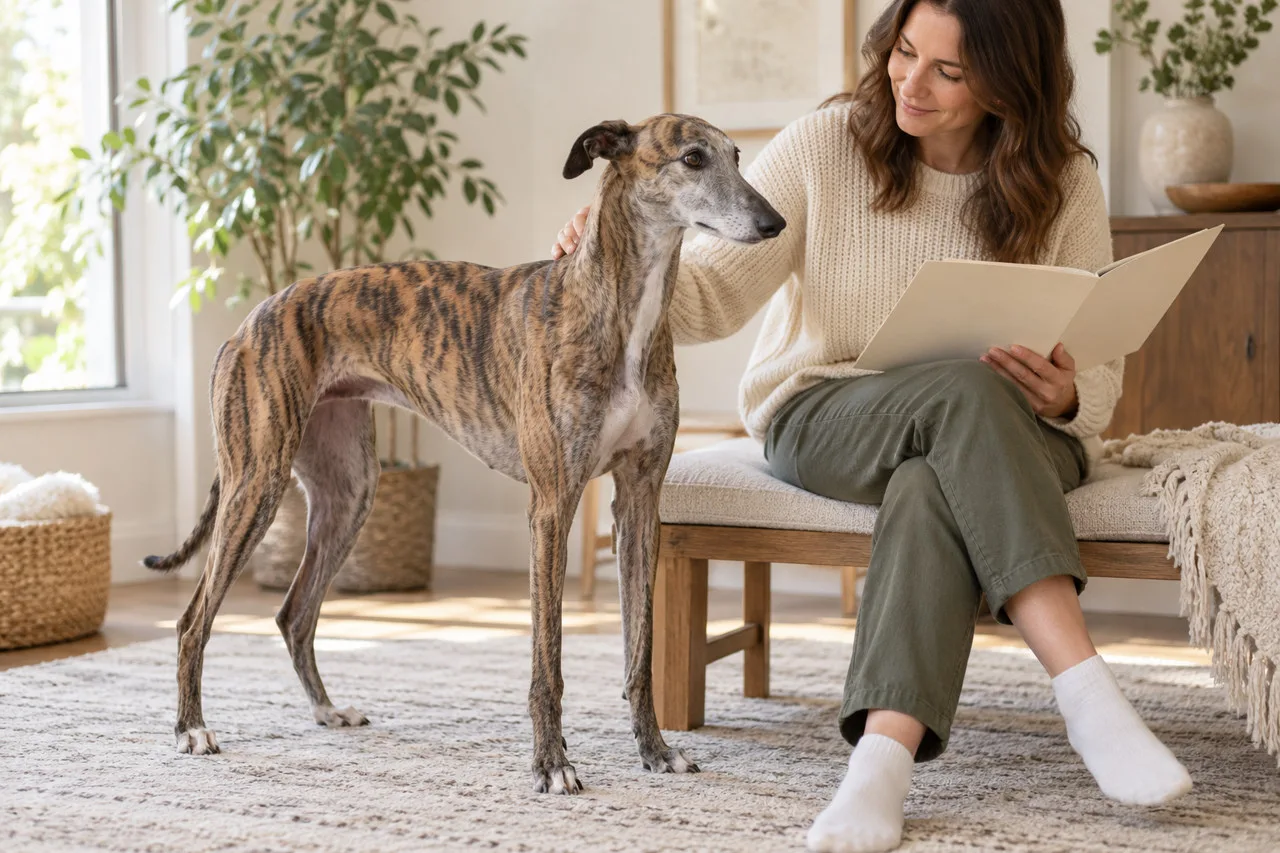 An owner reading a folder beside a tall brindle dog indoors